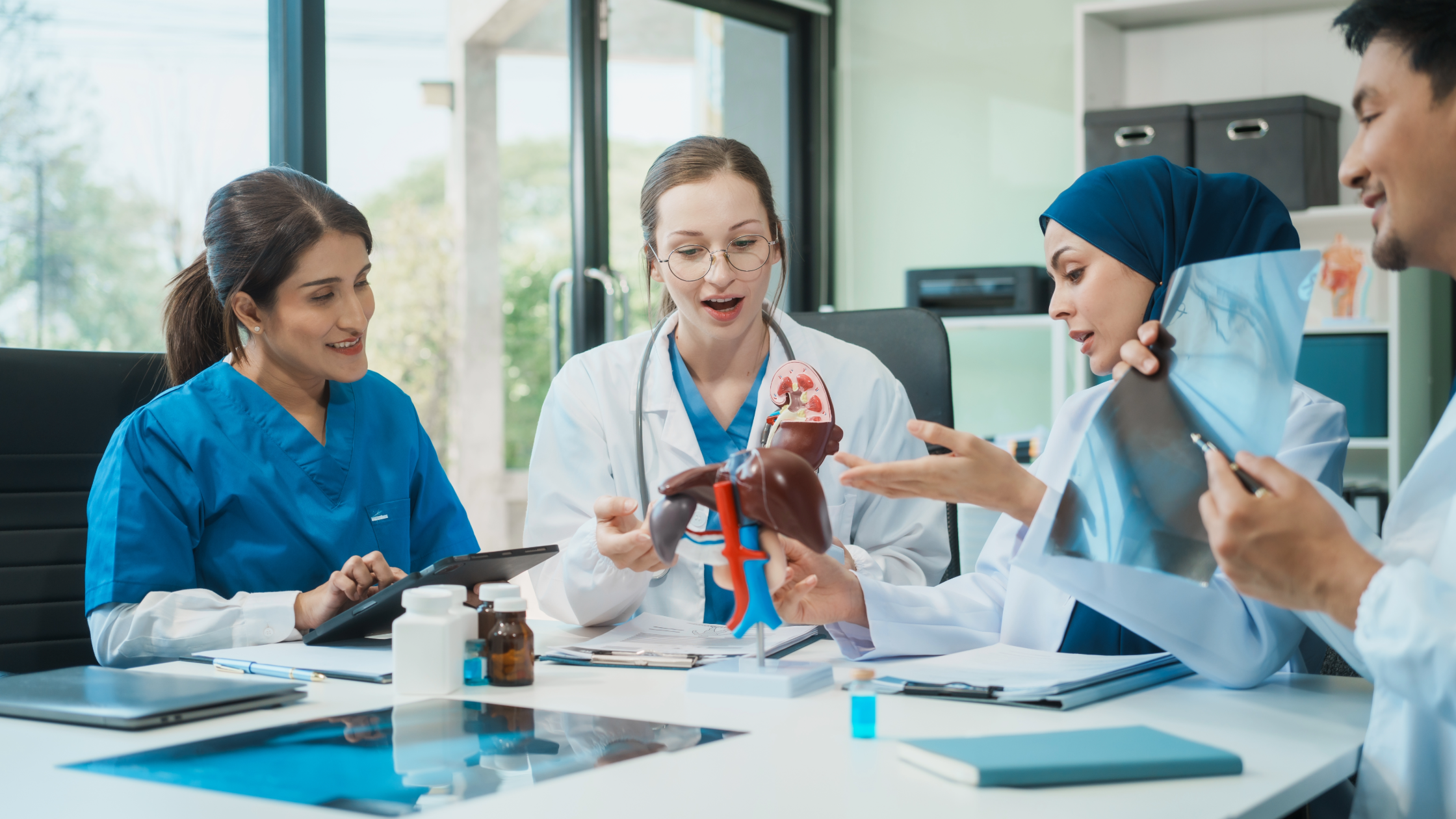 A diverse group of healthcare professionals, including doctors, nurses, and specialists
