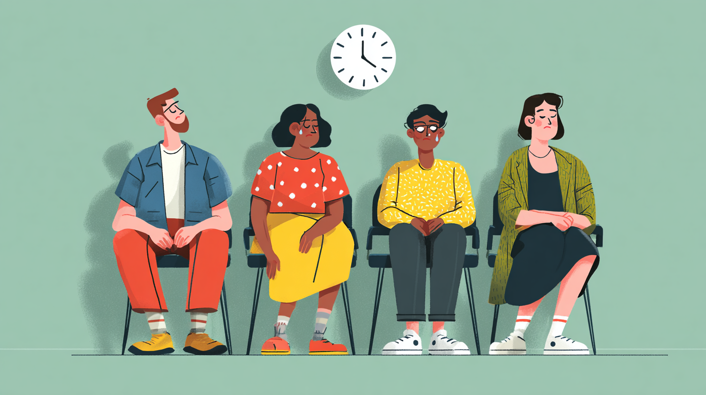 people waiting in emergency room, looking frustrated and sad, clock above them